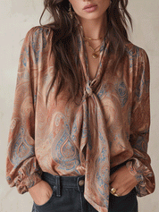 Women's Paisley Print Tie-Neck Long Sleeve Satin Blouse