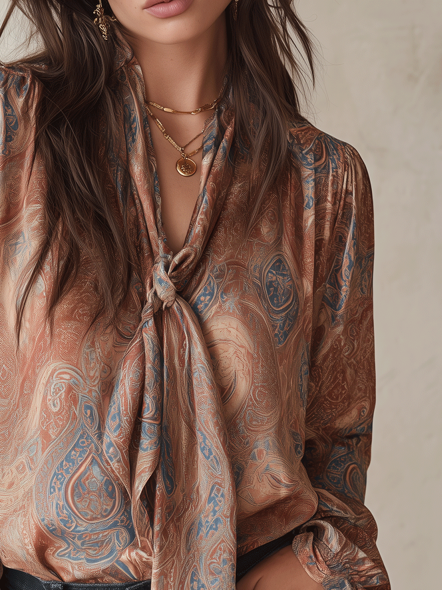 Women's Paisley Print Tie-Neck Long Sleeve Satin Blouse