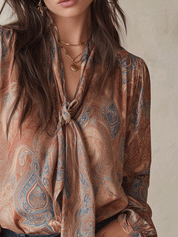 Women's Paisley Print Tie-Neck Long Sleeve Satin Blouse
