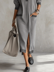Modern Relaxed-Fit Gray Pinstripe Contrast Trim Shirt Midi Dress