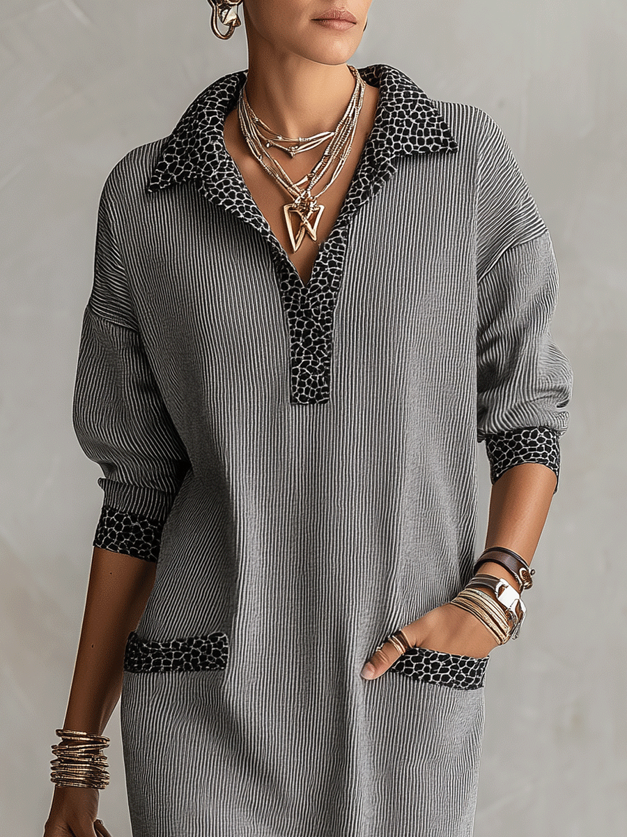 Modern Relaxed-Fit Gray Pinstripe Contrast Trim Shirt Midi Dress