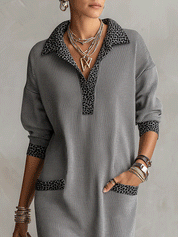Modern Relaxed-Fit Gray Pinstripe Contrast Trim Shirt Midi Dress