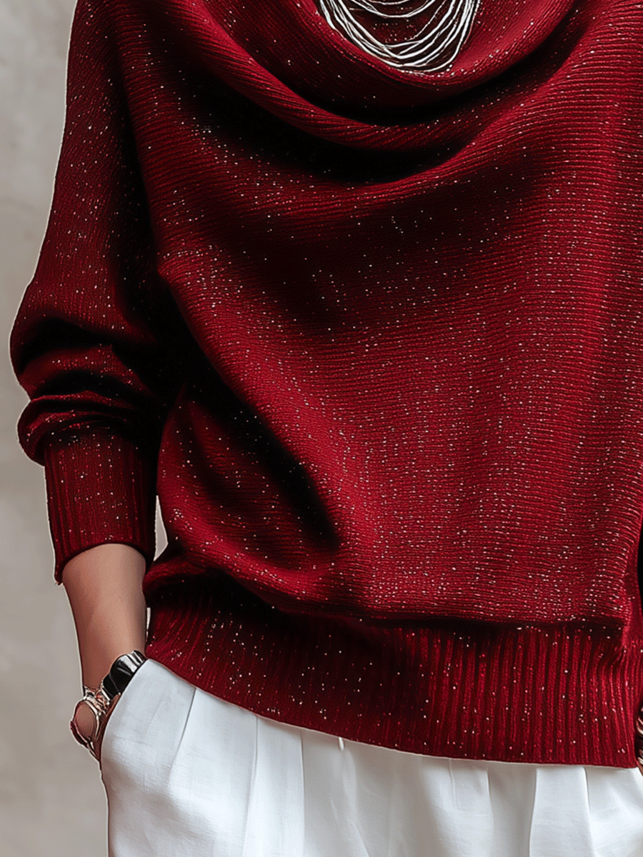 Modern Shimmer Knit Oversized-Fit Wine Red Cowl Neck Sweater