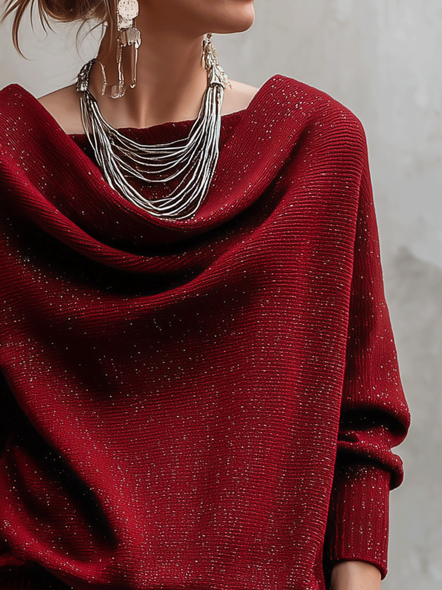 Modern Shimmer Knit Oversized-Fit Wine Red Cowl Neck Sweater