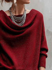 Modern Shimmer Knit Oversized-Fit Wine Red Cowl Neck Sweater