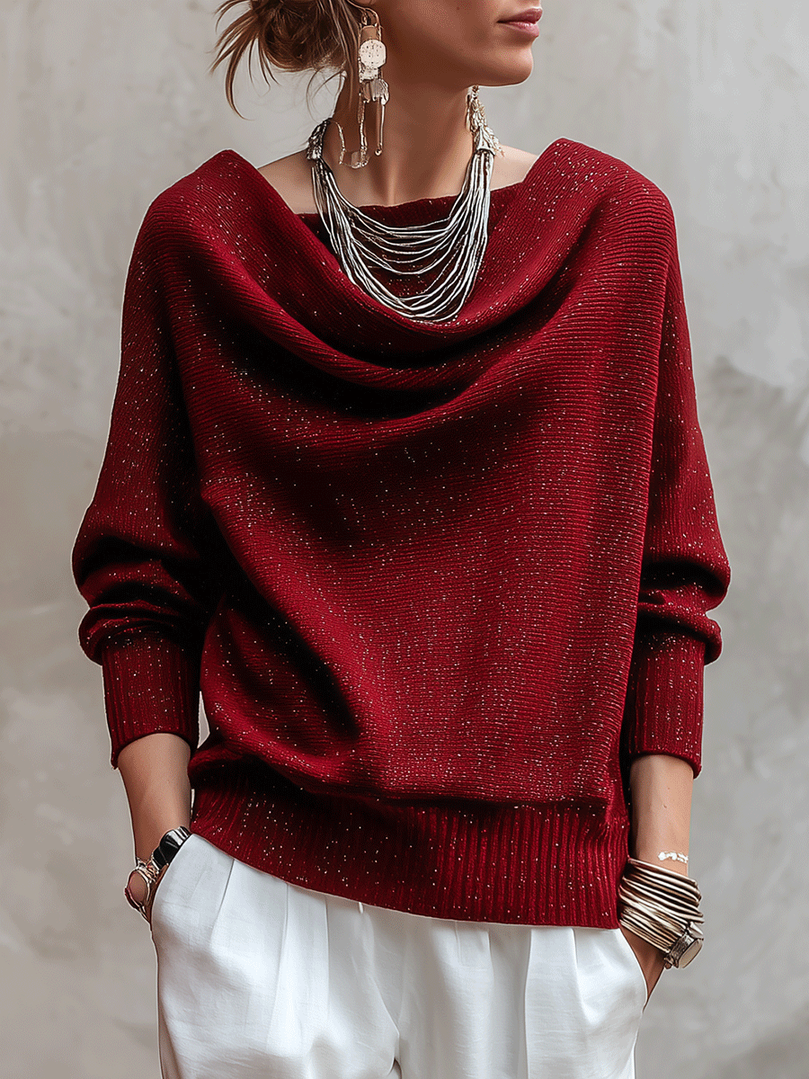Modern Shimmer Knit Oversized-Fit Wine Red Cowl Neck Sweater