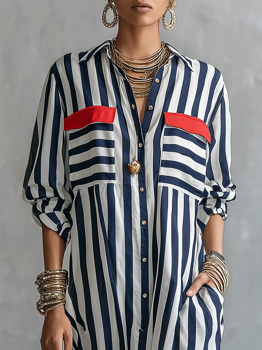 Women's Striped Long Sleeve Button-Up Contrast Pocket Maxi Shirt Dress