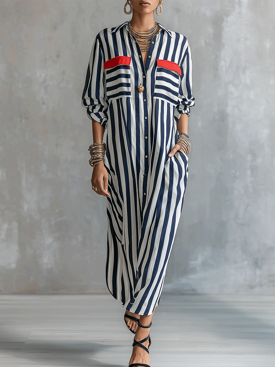 Women's Striped Long Sleeve Button-Up Contrast Pocket Maxi Shirt Dress