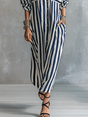 Women's Striped Long Sleeve Button-Up Contrast Pocket Maxi Shirt Dress