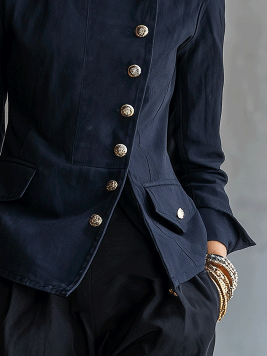 Military Chic Cotton Twill Midnight Navy Gold Button Jacket