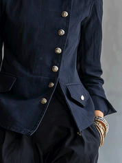 Military Chic Cotton Twill Midnight Navy Gold Button Jacket