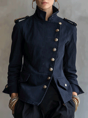 Military Chic Cotton Twill Midnight Navy Gold Button Jacket