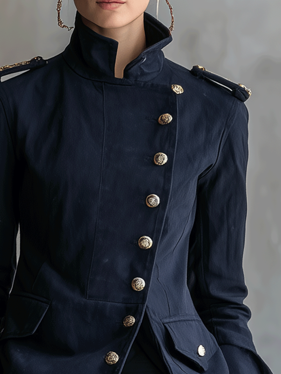 Military Chic Cotton Twill Midnight Navy Gold Button Jacket