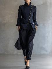 Military Chic Cotton Twill Midnight Navy Gold Button Jacket