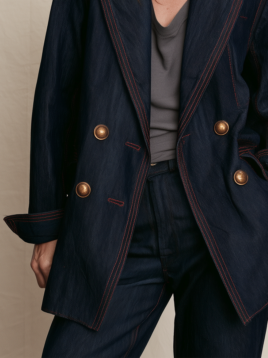 Women's Oversized Double-Breasted Contrast Stitching Denim Blazer