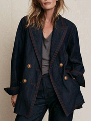 Women's Oversized Double-Breasted Contrast Stitching Denim Blazer