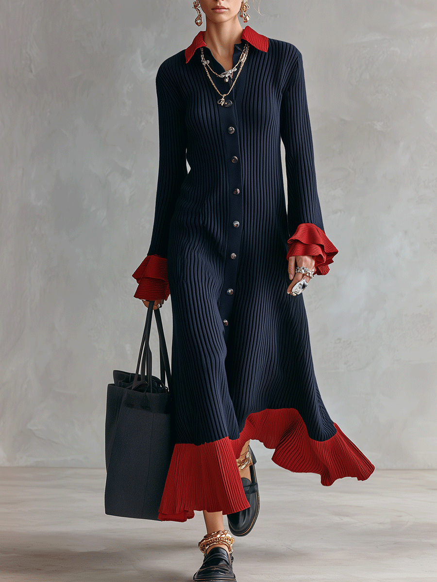 Retro Chic Soft Knit A-Line Midnight Navy Crimson Trim Shirt Maxi Dress