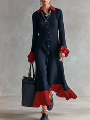 Retro Chic Soft Knit A-Line Midnight Navy Crimson Trim Shirt Maxi Dress