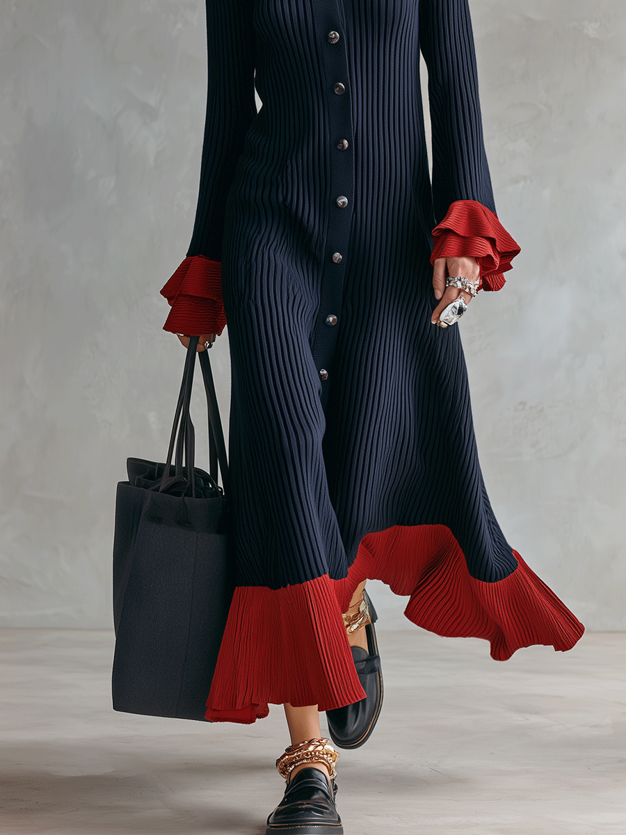 Retro Chic Soft Knit A-Line Midnight Navy Crimson Trim Shirt Maxi Dress