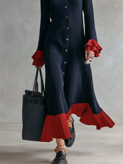 Retro Chic Soft Knit A-Line Midnight Navy Crimson Trim Shirt Maxi Dress