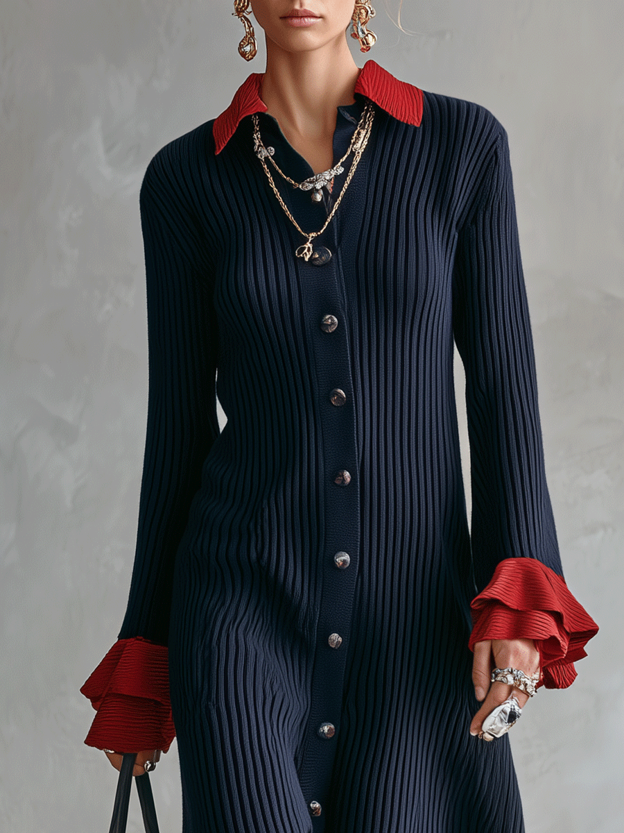 Retro Chic Soft Knit A-Line Midnight Navy Crimson Trim Shirt Maxi Dress