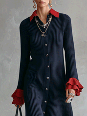 Retro Chic Soft Knit A-Line Midnight Navy Crimson Trim Shirt Maxi Dress