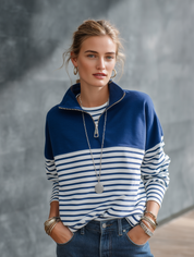 Women's Navy Blue Striped Quarter-Zip Pullover Sweatshirt