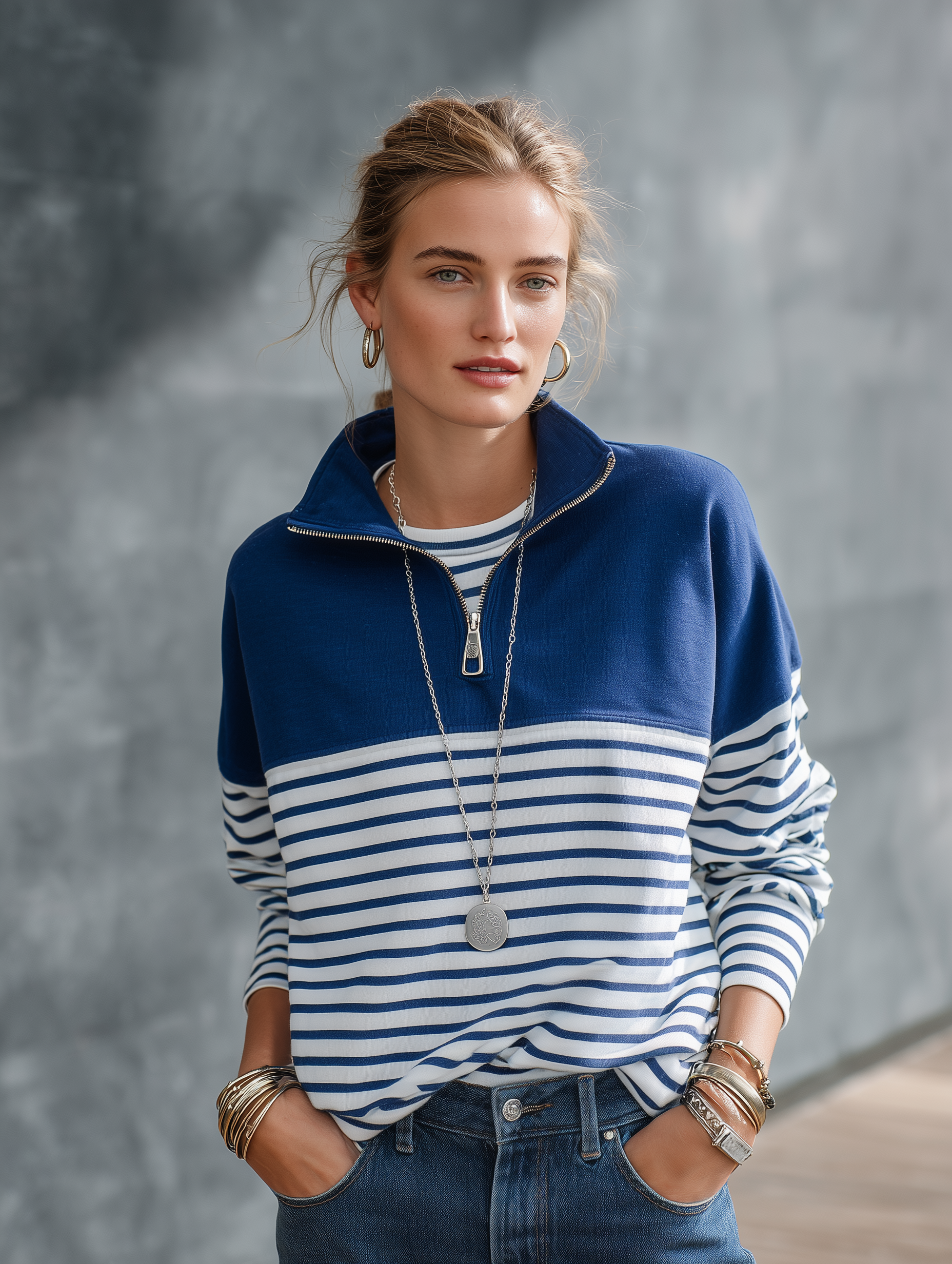 Women's Navy Blue Striped Quarter-Zip Pullover Sweatshirt