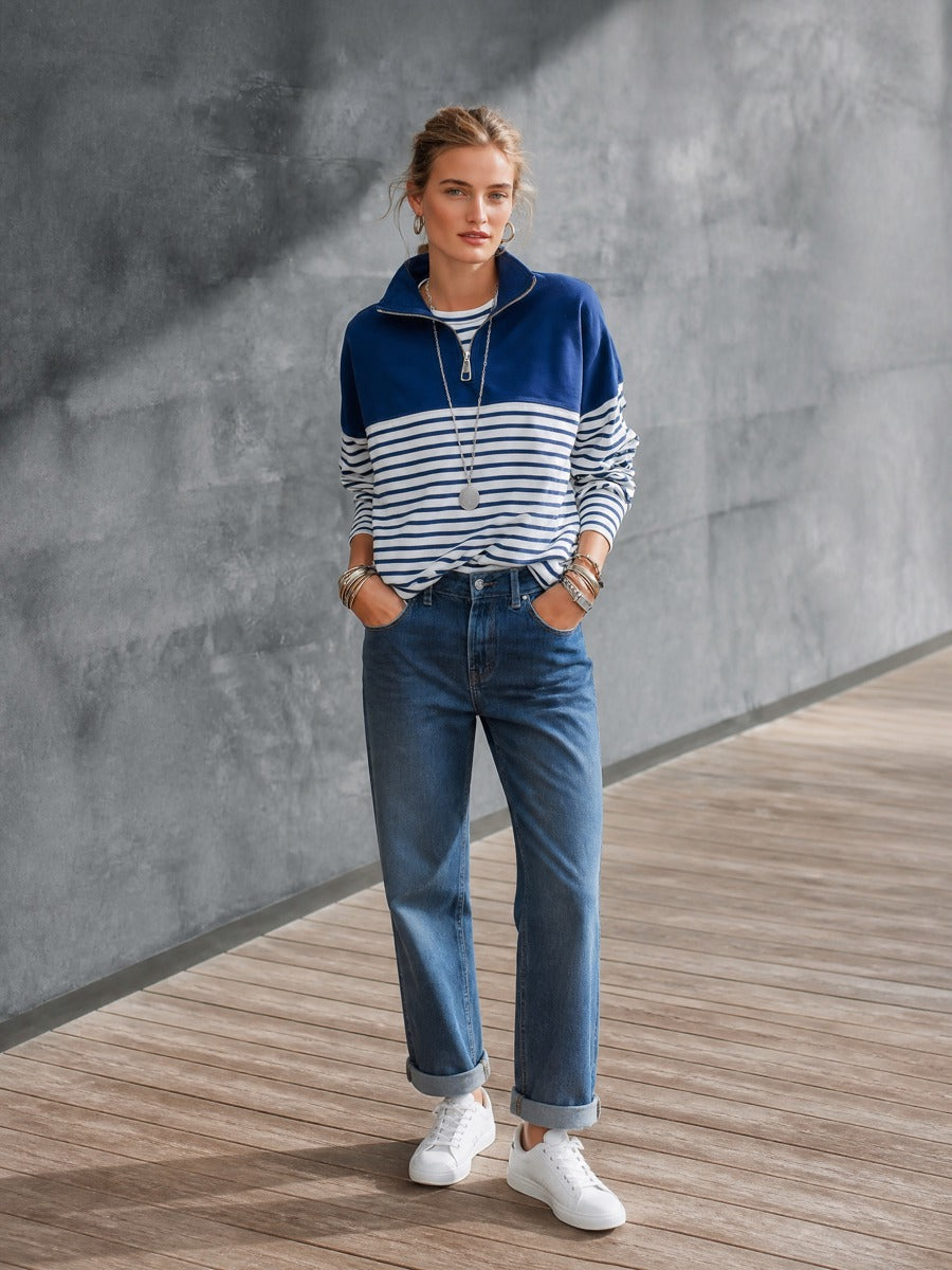 Women's Navy Blue Striped Quarter-Zip Pullover Sweatshirt