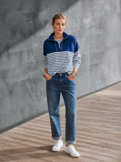 Women's Navy Blue Striped Quarter-Zip Pullover Sweatshirt