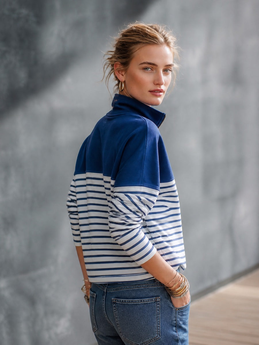 Women's Navy Blue Striped Quarter-Zip Pullover Sweatshirt