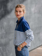 Women's Navy Blue Striped Quarter-Zip Pullover Sweatshirt