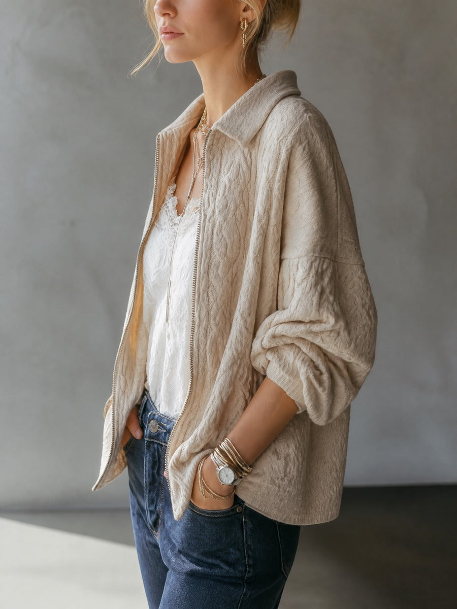 Textured Cable Knit Zip-Up Relaxed Fit Jacket