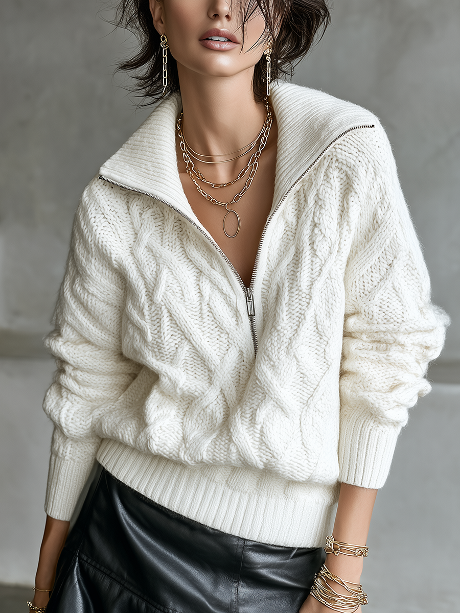 Ivory Cable Knit Zip-up Collar Sweater
