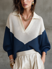 Modern Ivory Navy Color Block Knit Polo Collar Sweater