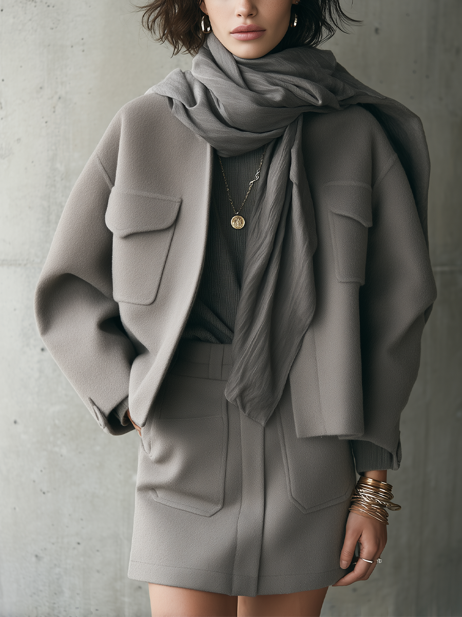 Grey-brown Pocket Short Jacket And Skirt Set