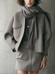 Grey-brown Pocket Short Jacket And Skirt Set