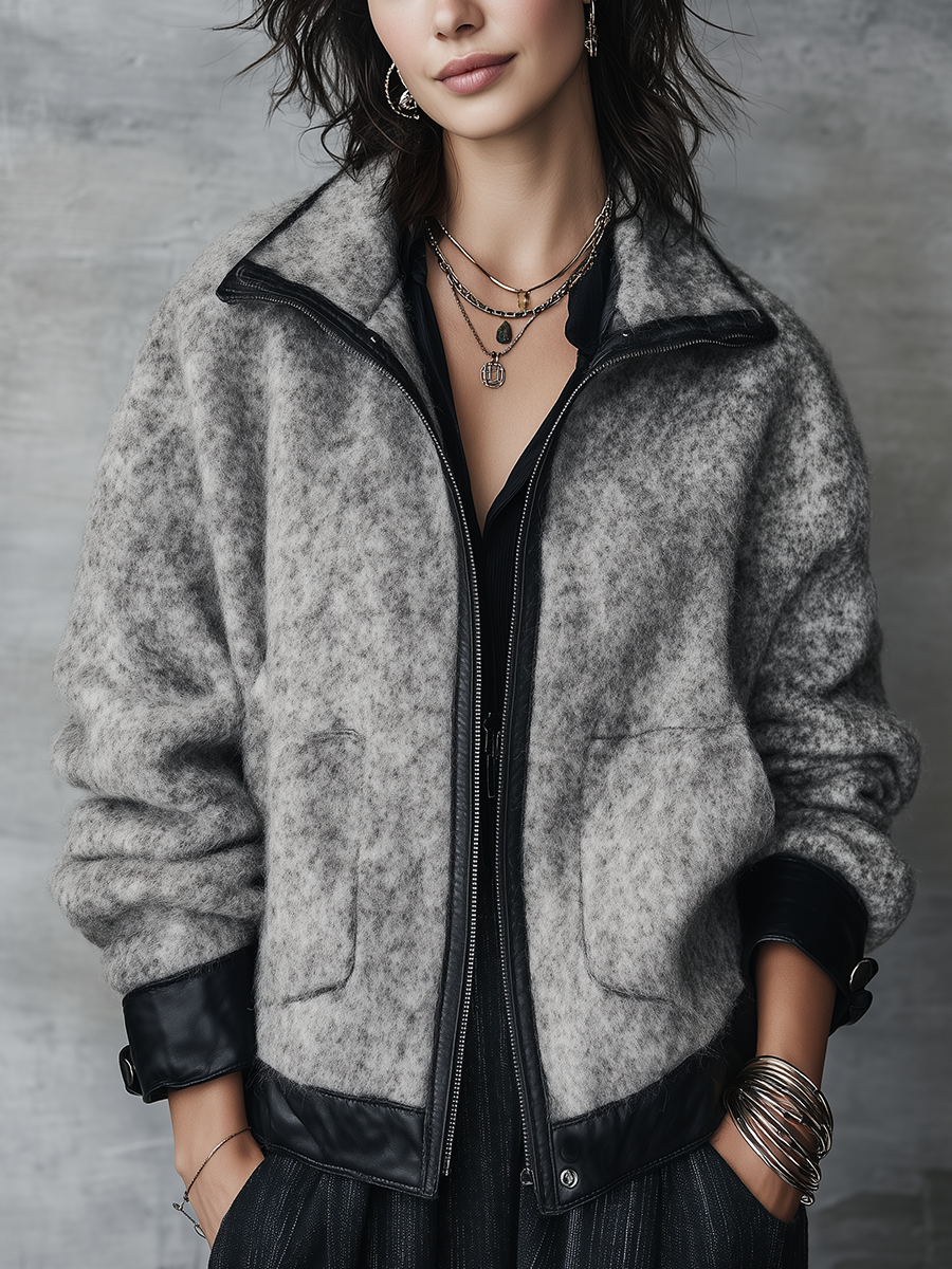 Edgy Heather Grey Faux Leather Trim Zip Jacket