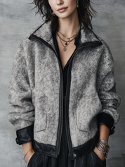 Edgy Heather Grey Faux Leather Trim Zip Jacket
