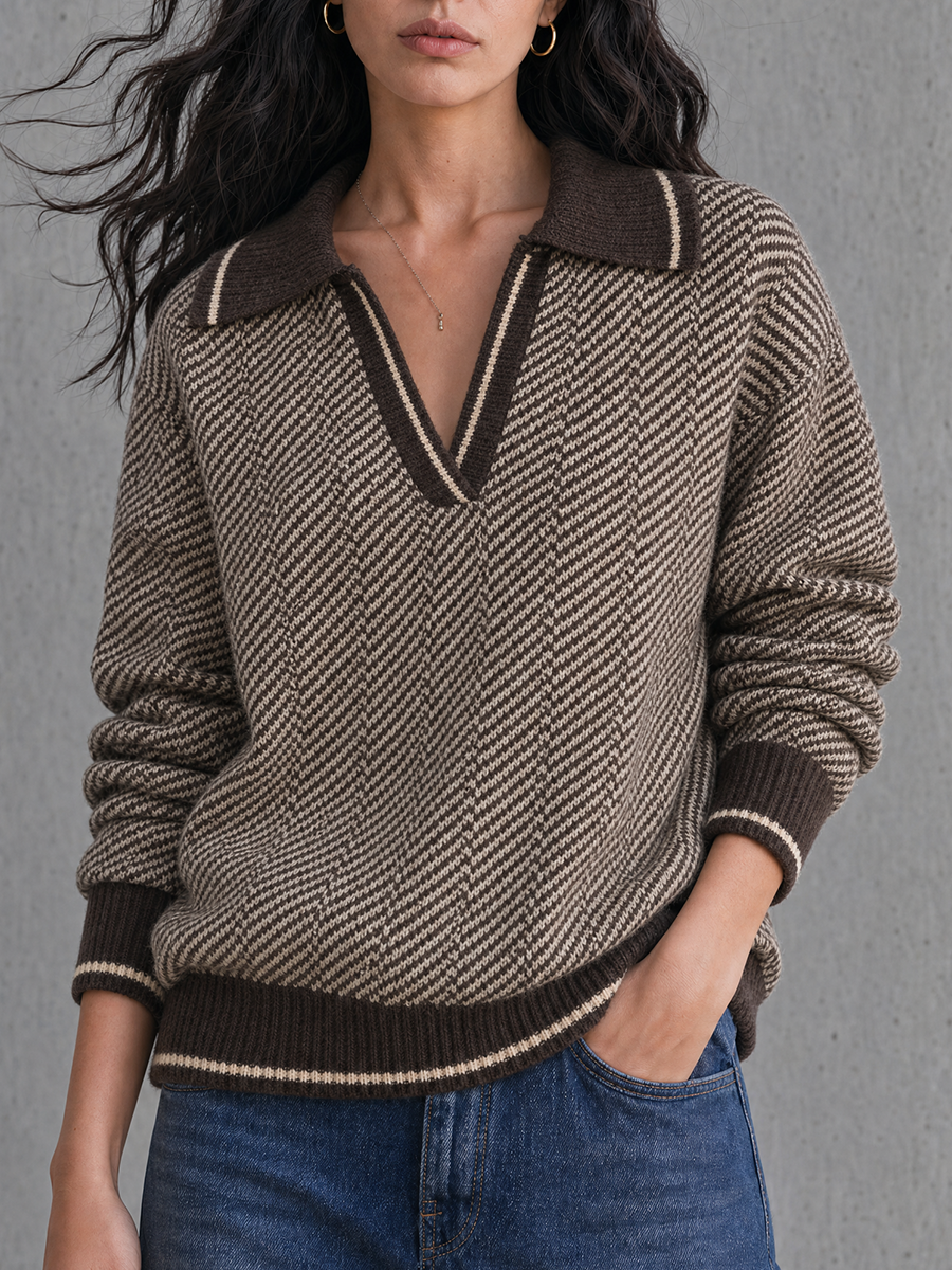 Vintage Polo Collar Pattern Knit Pullover Top