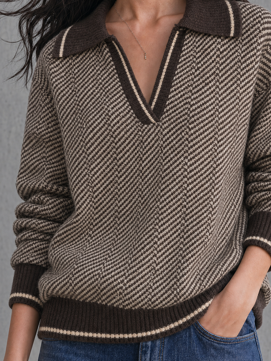 Vintage Polo Collar Pattern Knit Pullover Top
