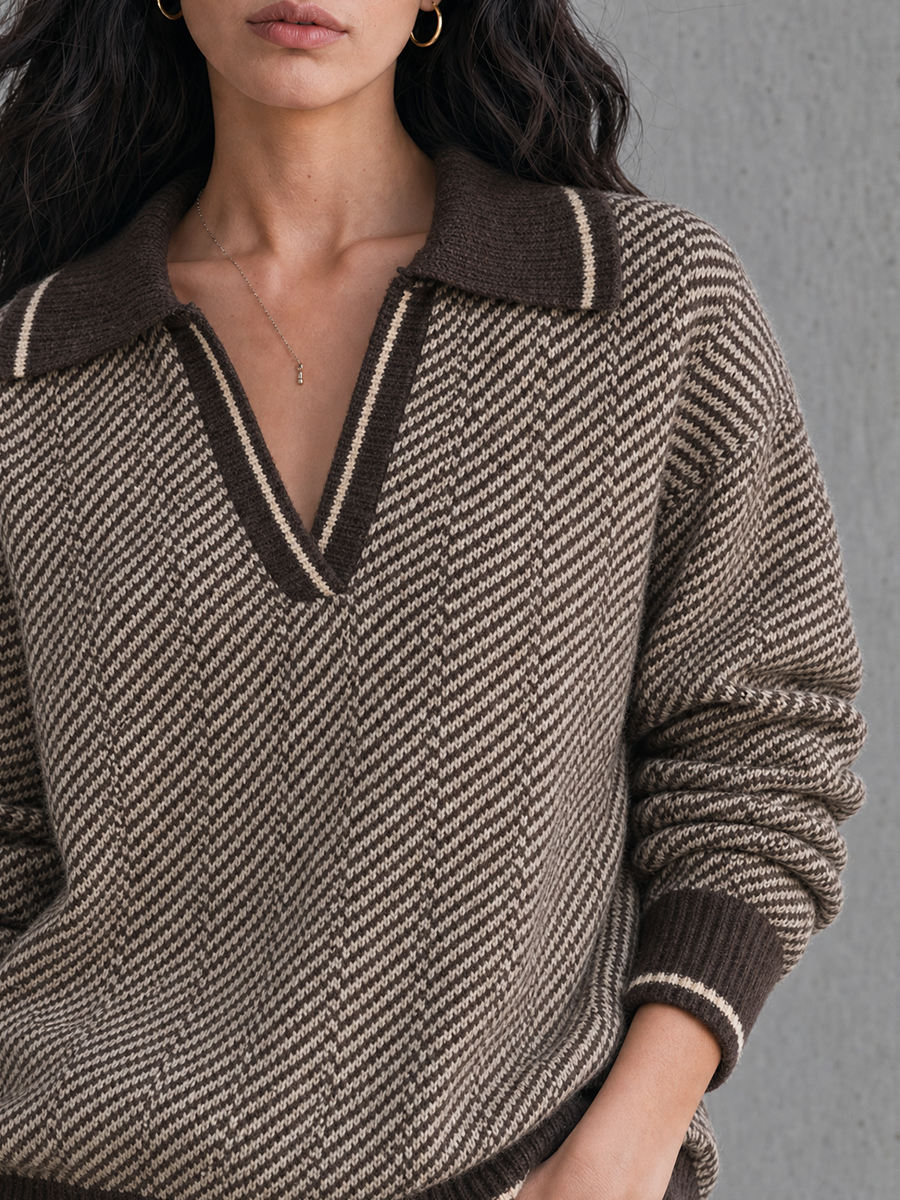 Vintage Polo Collar Pattern Knit Pullover Top