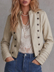Elegant Beige Zip Front Short Jacket