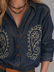 Western Boho Embroidered Denim Shirt Top