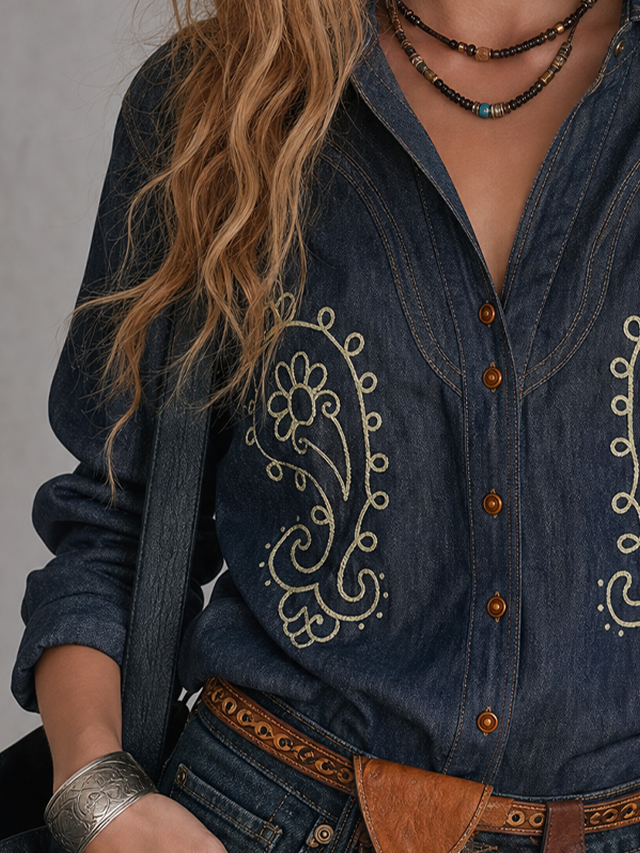 Western Boho Embroidered Denim Shirt Top
