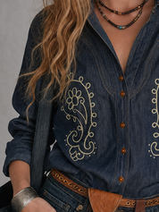 Western Boho Embroidered Denim Shirt Top