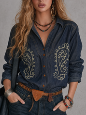 Western Boho Embroidered Denim Shirt Top