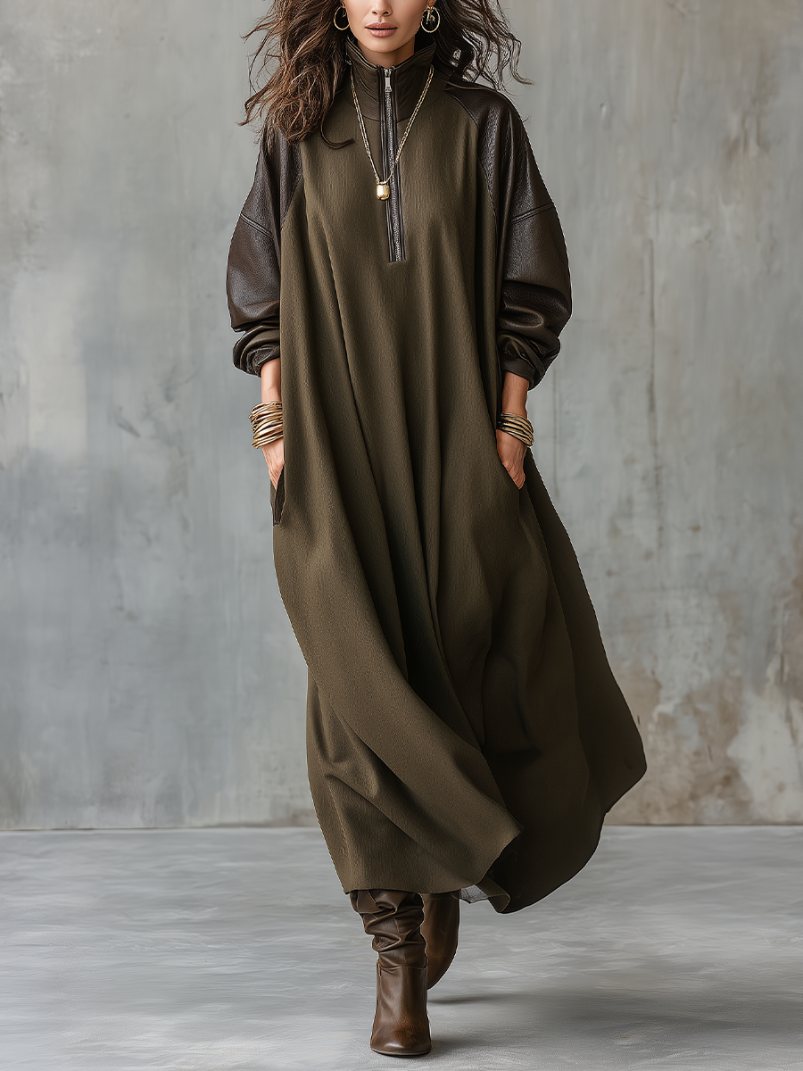 Olive Green Patchwork PU Sleeve Half-zip Dress