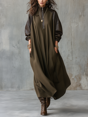 Olive Green Patchwork PU Sleeve Half-zip Dress