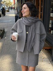 Grey-brown Pocket Short Jacket And Skirt Set